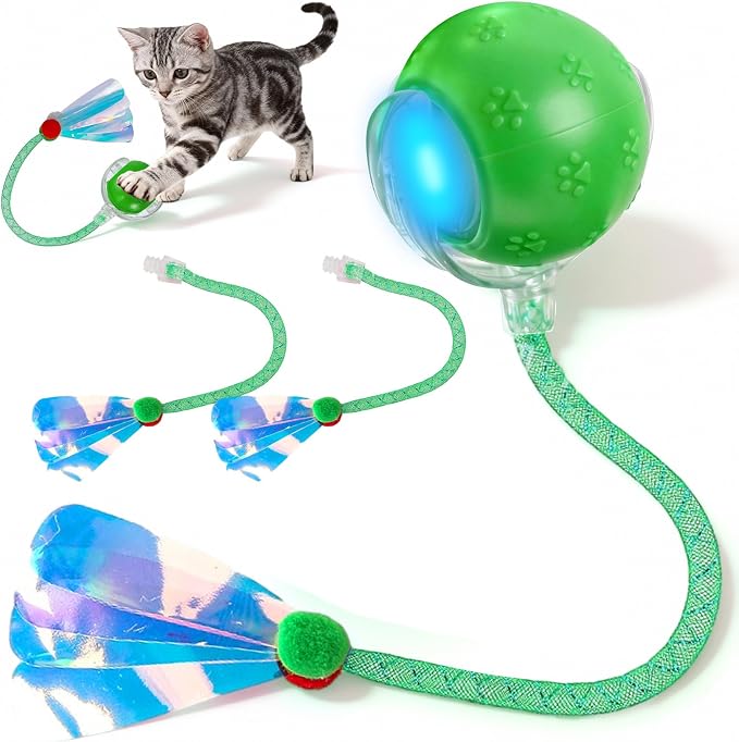 Rocfish Durable Interactive Cat Toys for Indoor Cats (Green, 03) | Smart Automatic Cat Chase Ball Toy, Upgraded Speedy Tail Kitten Toy for Bored Indoor Adult Pets