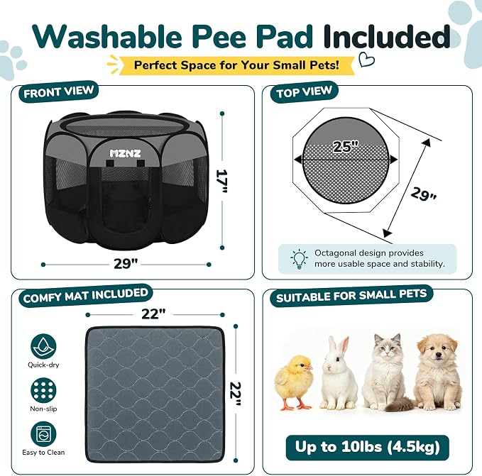 Dog Cat Playpen with Pee Pad, Portable Puppy Pet Crate Indoor for Small Dogs Cats Rabbits, Foldable Dog Cage Enclosure for Outdoor, Pop Up Dogs Tent Kennel with Carrying Case, Dark Grey