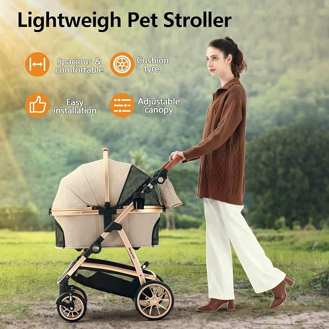 Kenyone 3-in-1 Pet Stroller - Khaki (C510L), Detachable Carrier