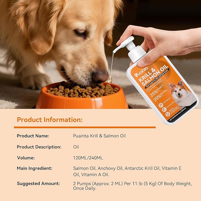 PUAINTA Omega 3 Fish Oil for Dogs & Cats, Salmon & Krill Oil with EPA DHA