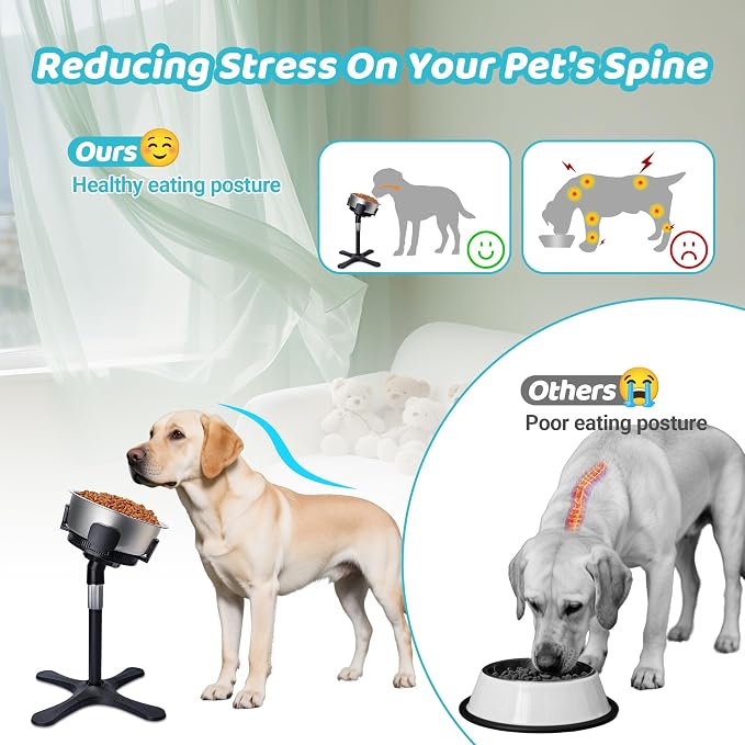 Elevated Adjustable Dog Bowl Feeding Stand, 3 Heights and Tiled Ajudst, Compatible with Moost Feeding Bowls, Great for Medium Large Dogs(Stainless Bowl 2 Pack Updated)