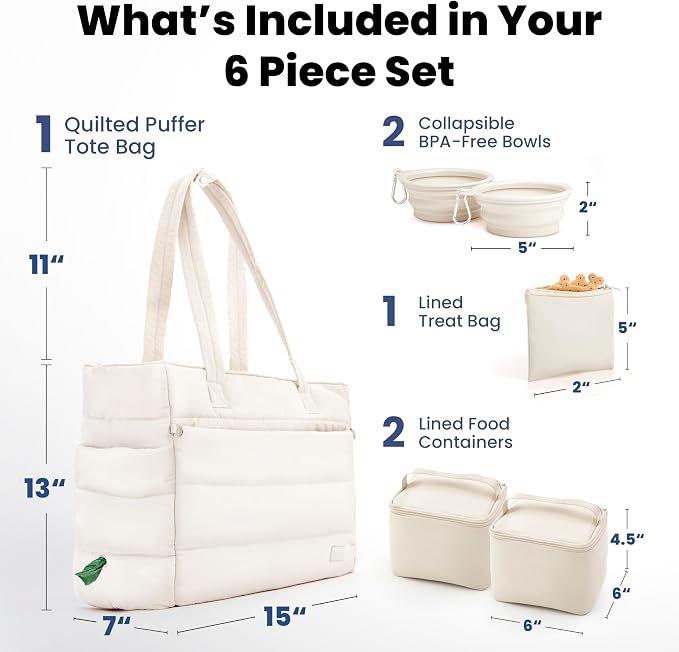 rubyloo Puffer Dog Travel Bag with Bowls & Food Storage, Beige