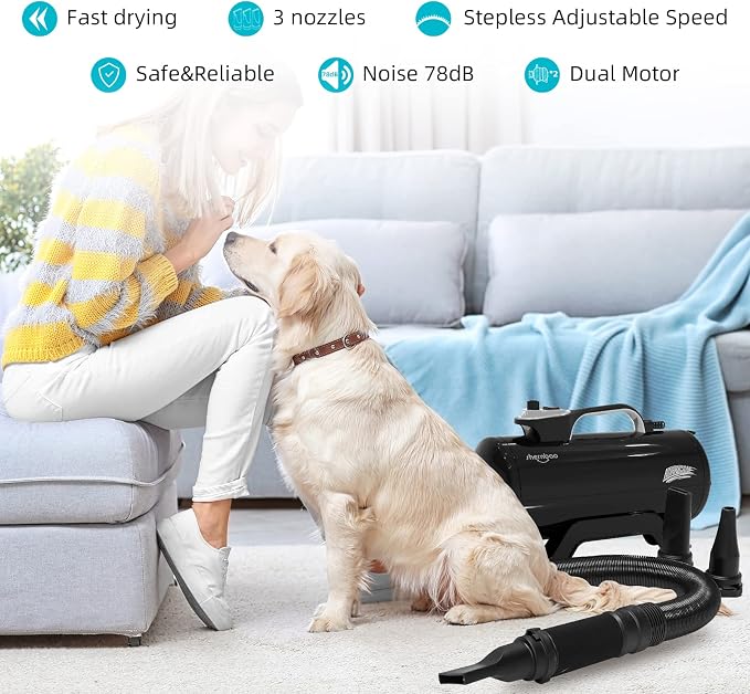 Dual Motor High Velocity Pet Dog Grooming Force Hair Dryer/Blower 6.0HP | 6.0HP powerful high velocity blower dryer for professional dog hair grooming, Jet Black DHD-2400T