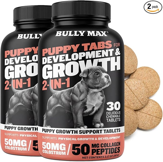 Bully Max 2-in-1 Puppy Vitamins - 30 Chewable Tablets for Growth & Development of Puppies - Multivitamin Treats & Essential Dog Supplements for Small Dogs & Large Breed Growing Pups - 2 Bottles