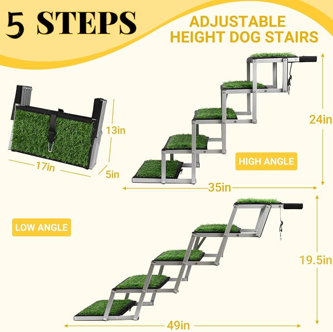 Dog Stairs for Car, Portable Folding Dog Ramps,Doggy Steps for Large Dogs with Non-Slip Grass Rug for Cars, SUV, Trucks,Lightweight Pet Ramp Supports Up to 200 lb, 5 Steps
