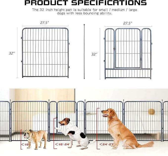 Dog Playpen,24/32/40 Inch Height in Heavy Duty,Folding Indoor Outdoor Dog Exercise Fence, Portable Pet Playpen with Door for Large Medium Dogs - Silver Gray (16 Panels, 32 inch)
