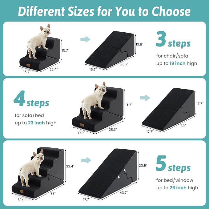 COZY KISS Dog Stairs for Small Dogs, 4-Step 2-in-1 Dog Steps,19.7" H | 4-step dog stairs and ramps for Old Cats, Puppy, Small Dogs,Non-Slip Base,for Couch & Bed, Black