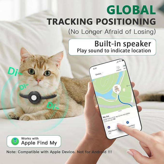 Cat Tracker,No Monthly Fee GPS Trackers for Cats Work with Apple Find My App(iOS Only),Real-Time Location Tracking,Cat Tracker GPS Collar with Safety Elastic Buckle-Black