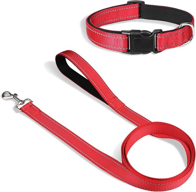 Joytale 14-20 inches Dog Collar and 6FT Leash, Reflective Soft Neoprene Padded Pet Collars and Leashes for Medium Dog