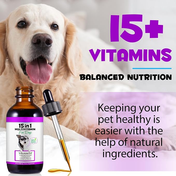 15-in-1 Dog Multivitamin Drops, Liquid Multivitamin Drops for Dogs, 2 oz | with Glucosamine, MSM & Omega for Joint, Heart, Immune & Skin Health, Easy Liquid Drops for Picky Eaters, All Ages, Breeds