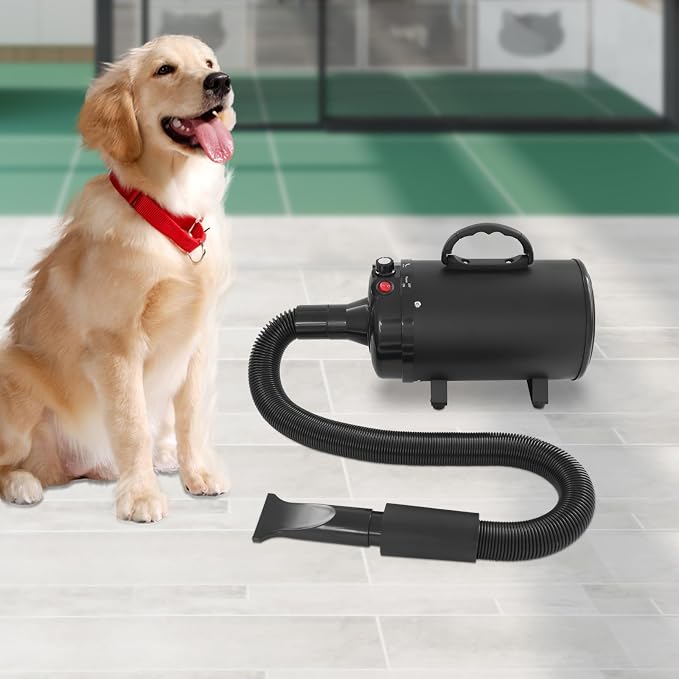 Professional Pet Hair Dryer 2200W, High Velocity Adjustable Dog Cat Blower with 4 Nozzles, Heater, Quiet, Pure Copper Motor, Fast Drying, Black, Grooming Dryer for Home Salon (Black)