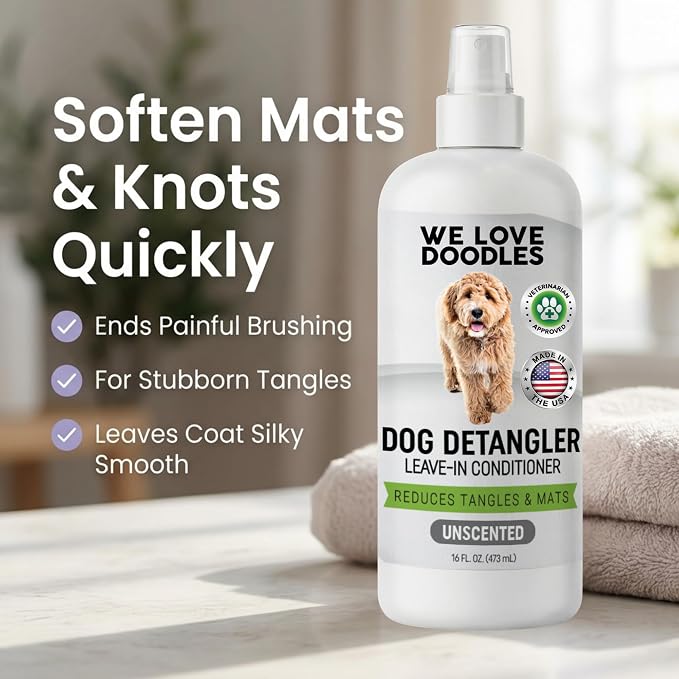 Dog Detangler Spray, Leave-in Conditioner Spray for Dogs, Unscented, 16 oz | Best Detangling & Dematting Spray for Dogs, Tangled & Matted Hair Remover for Goldendoodles, Doodles & Poodles, Made in USA