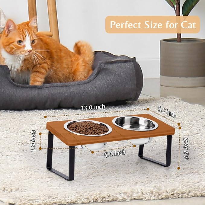 Elevated Cat Bowls for Food and Water - Loplurea 15° Tilted Raised Stainless Steel Cat Food Bowl with Brown Bamboo Stand and Anti Vomit Feeding Station for Indoor Kittens and Pet