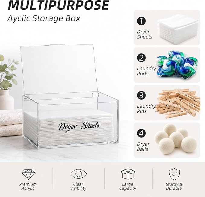 Acrylic Dryer Sheet Holder Dispenser Container,Bonus Black Labels Included