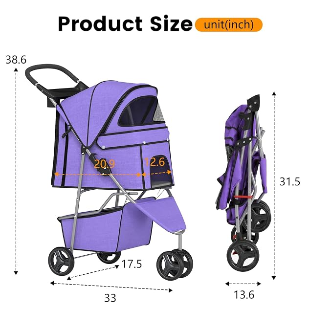 BestPet 3-Wheel Pet Stroller - Purple, Breathable Mesh