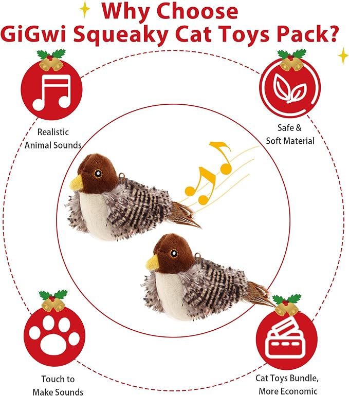 Gigwi Chirping Bird Cat Toys 2 Pack, Automatic Squeaky Toy for Cats | Interactive Cat Toys, Stimulate Hunting Instinct, Relieve Puppy Boredom, Touch Activated, Soft Plush, Safe Indoor Play