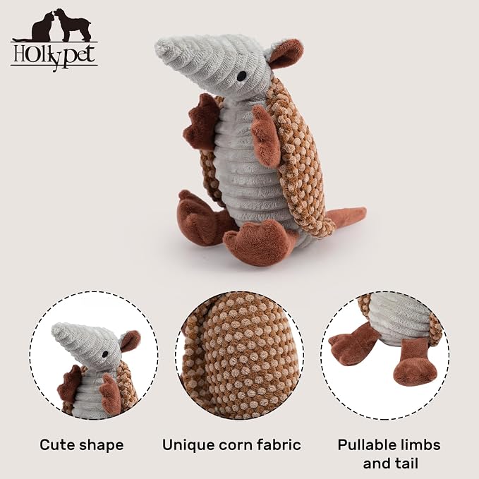 Hollypet Armadillo Squeaky Puppy Dog Toys for Small Medium Dogs, 8" | plush stuffed small dog squeak animal toy with unique grunt squeaker textured fabric for teeth cleaning toys