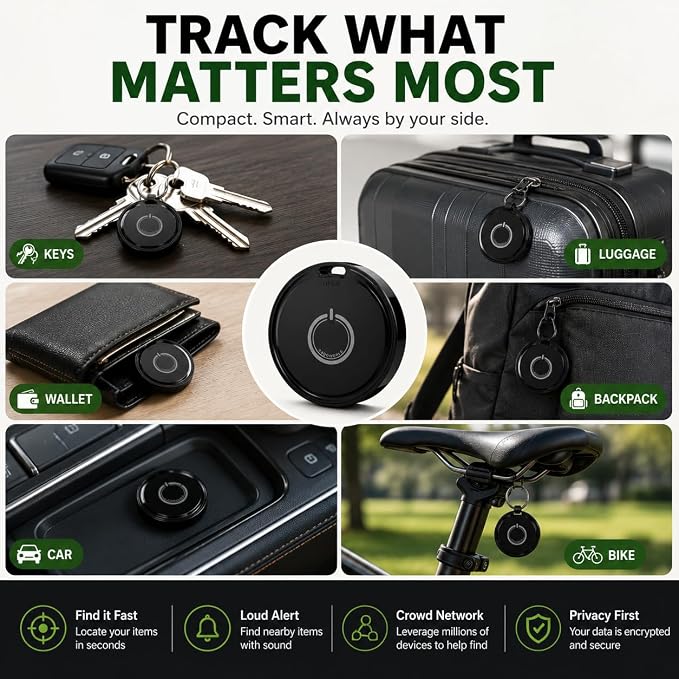 Smart Tag for Android & iPhone, Bluetooth Tracker Works with Google Find My Device & Apple Find My, GPS Item Finder for Keys, Wallet, Luggage & Pets, Loud Alarm, Replaceable Battery by DadoWorld