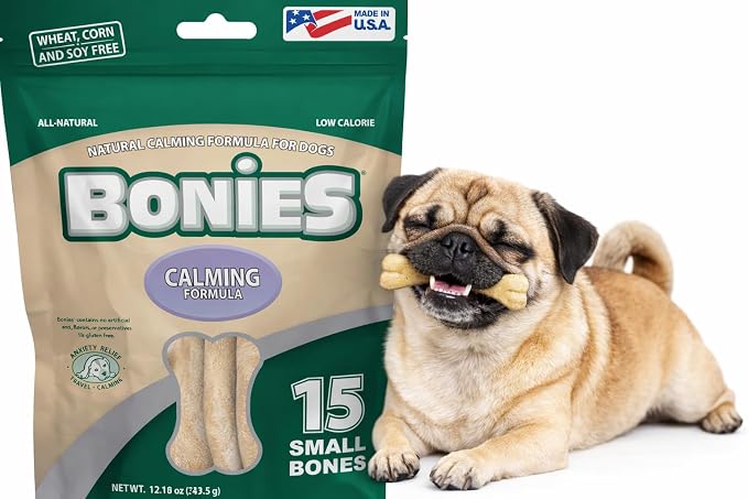 Bonies Natural Calming Formula Small-Sized Single Bone - Contains Chamomile & Lavender, Help Anxiety, Excessive Barking & Trembling, Chicken Flavor, [Small Dog], 15 Bones
