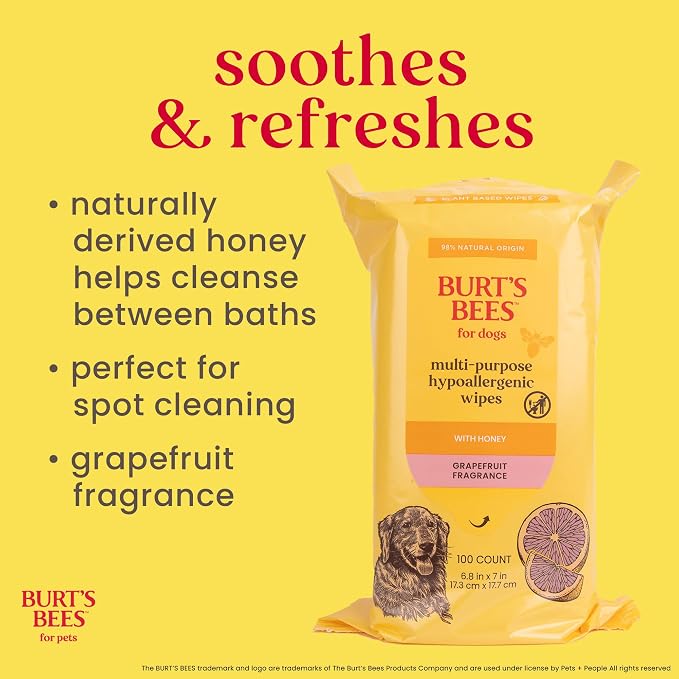 Burt’s Bees for Pets Multipurpose Dog Wipes, Honey and Grapefruit Scent - Hypoallergenic, 98% Natural Origin Wipes That Cleanse and Deodorize, Gentle Formula, 100 Count