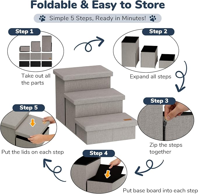 3-Step Wide Dog Stairs with Hidden Storage 18" H, Non-Slip Dog Steps for High Bed Couch Window Car, Jiont-Friendly Pet Stairs Ramp for Small/Medium/Large Old Dogs Cats Up to 220lbs, Grey