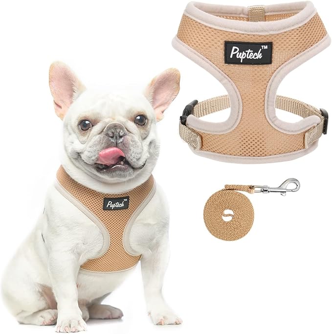 PUPTECK Soft Mesh Dog Harness and Leash Set Pet Puppy Cat Comfort Padded Vest No Pull Harnesses, Solid Beige, S