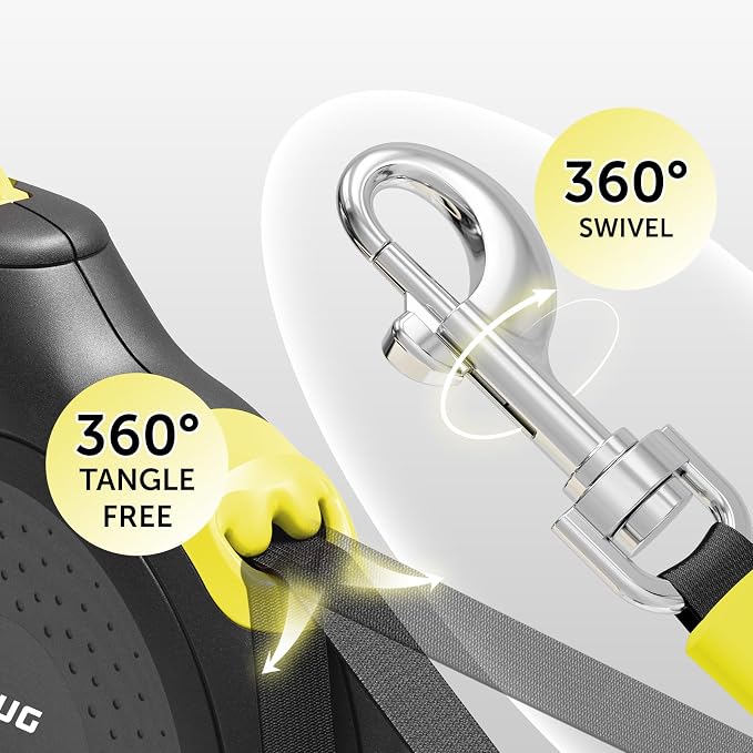 TUG 360° Tangle-Free Retractable Dog Leash | 16 ft Strong Nylon Tape (Medium, Black/Yellow)
