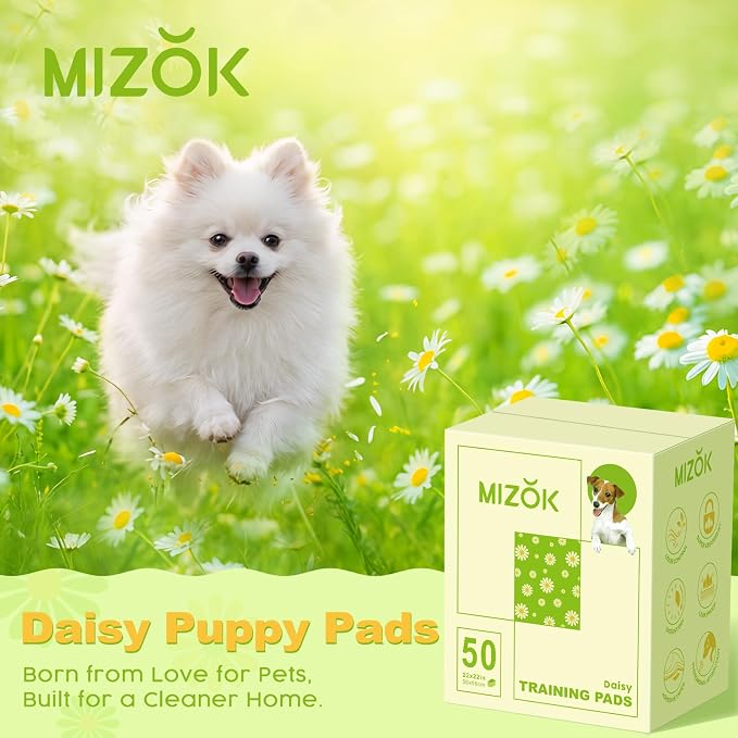 MIZOK Puppy Pads 22"x22", Dog Pee Pads 6-Layer Super Absorbent & Leak-Proof, Daisy Pattern, 4-Corner Adhesive Tabs, Wee Wee Pads for Puppies & Small Dog Breeds, Regular Size (50 Counts)
