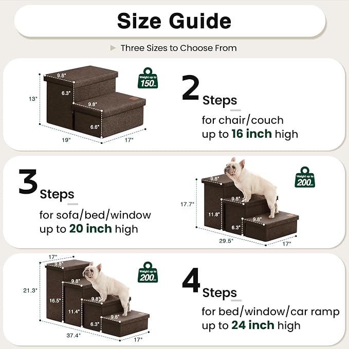 Love's cabin Dog Stairs for High Bed 18" H, Foldable Pet Stairs for Small Medium or Large Dogs Puppy with Storage for Bed or Couch, Cat Dog Steps Ramp with Zip up to 200 lbs, Coffee, 3 Steps