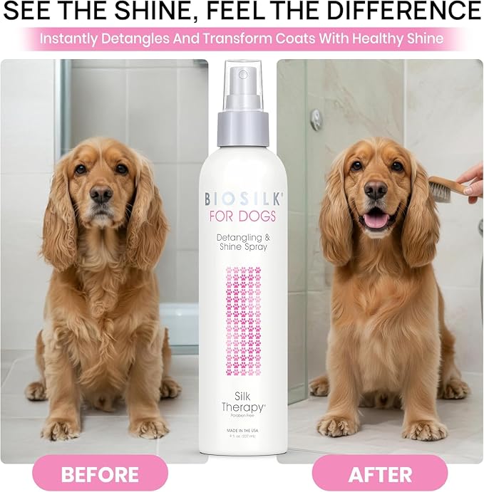 BioSilk for Dogs Silk Therapy Detangling and Shine Spray, 8 Fl Oz, 6-Pack | pH-balanced, paraben-free leave-in mist with silk and vitamins, dematting spray for all coats and breeds