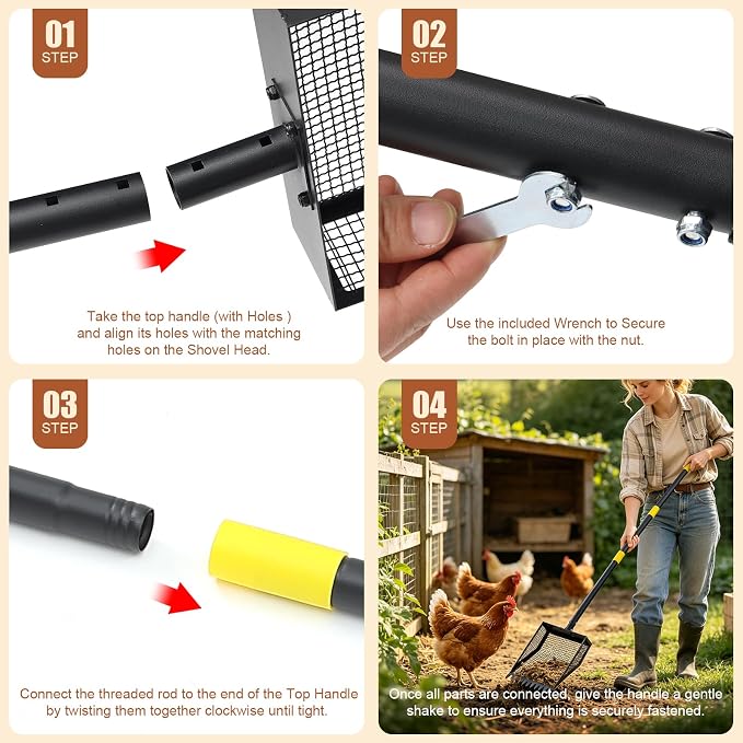 Ihomepark Chicken Poop Scooper & Rake, 42-84" Adjustable Chicken Coop Shovel, 2-in-1 Heavy Duty Iron Sand Sifting Litter Rake for Chicken Coop, Goat, Cat Litter & Barn Yard Waste