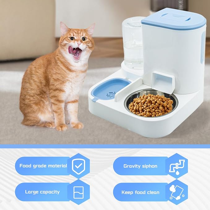 Automatic Cat Food and Water Dispenser Set 2 in 1, 2 in, Stainless Steel, Blue
