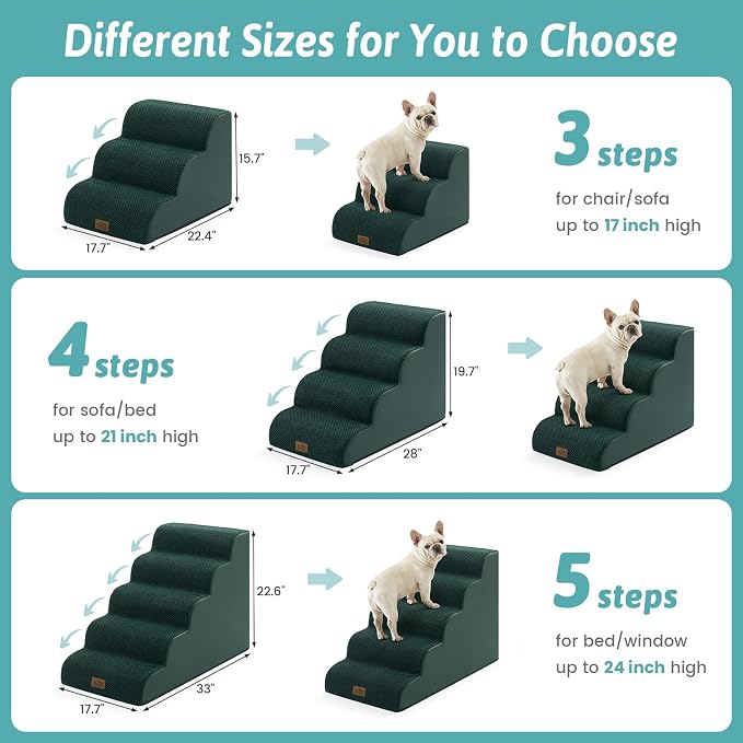 COZY KISS Wide Dog Stairs for Small Dog 19.7" H, Pet Step for Puppy, Older Cat, Curved Ramp for Bed, Durable Anti-Slip Ladder with High Density Foam, 4 Step, 17.7x28x19.7 inch, Dark Green