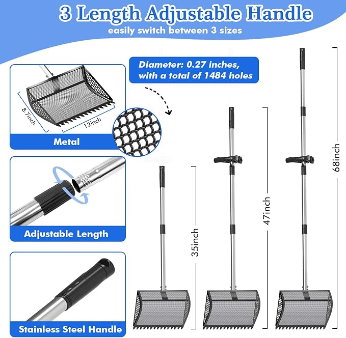 Chicken Poop Scooper Rake 2-in-1,304 Stainless Steel Shovel Head, Chicken Litter Scoop with Handle for Chicken Coop for Sand, Pet Waste Cleaning, Litter Sifting Shovel (35 to 65") (Black, 12inch)