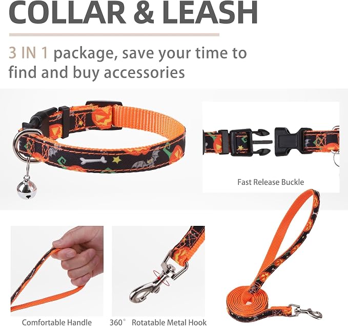 PUPTECK Adjustable Dog Harness Collar and Leash Set Step in No Pull Pet Harness for Small Medium Dogs Puppy and Cats Outdoor Walking Running, Soft Mesh Padded Reflective Vest Harnesses, Halloween, XXS
