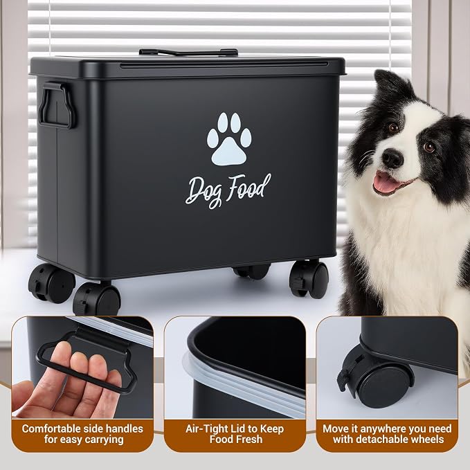 Dog Food Container 13lb, The storage container for small and medium-sized dog and cat food measures 13 inches (length) x 7.1 inches (width) x 11 inches (height), with enough space to hold 13 pounds of pet favorite dry food., 13lb, Metal, Black-L