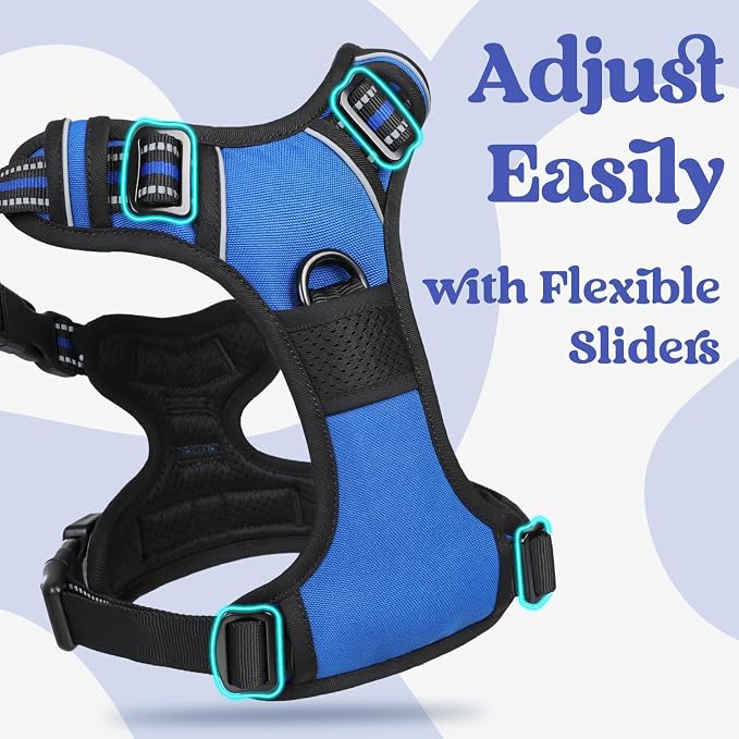 rabbitgoo Dog Harness for Large, Updated Easy On & Off with 3 Buckles | No Pull No Choke, Walking with 2 Clips and Handle, Adjustable Soft Reflective, Blue, X-large