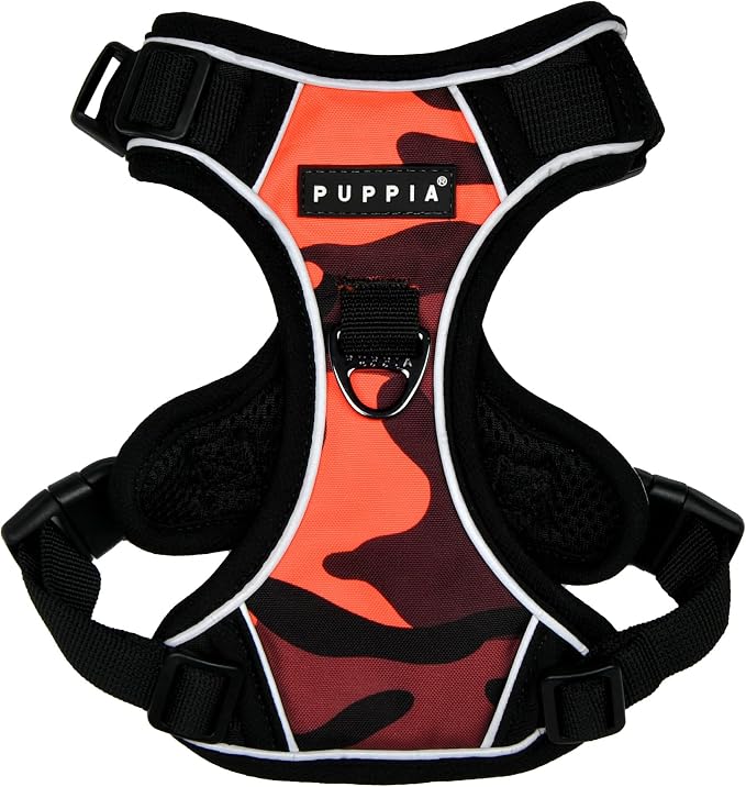Puppia Battle Dog Harness H Sturdy Adjustable Neck and Chest Reflective Camouflage Pattern Front and Back D-Ring for Small and Medium Dogs, Orange, Small