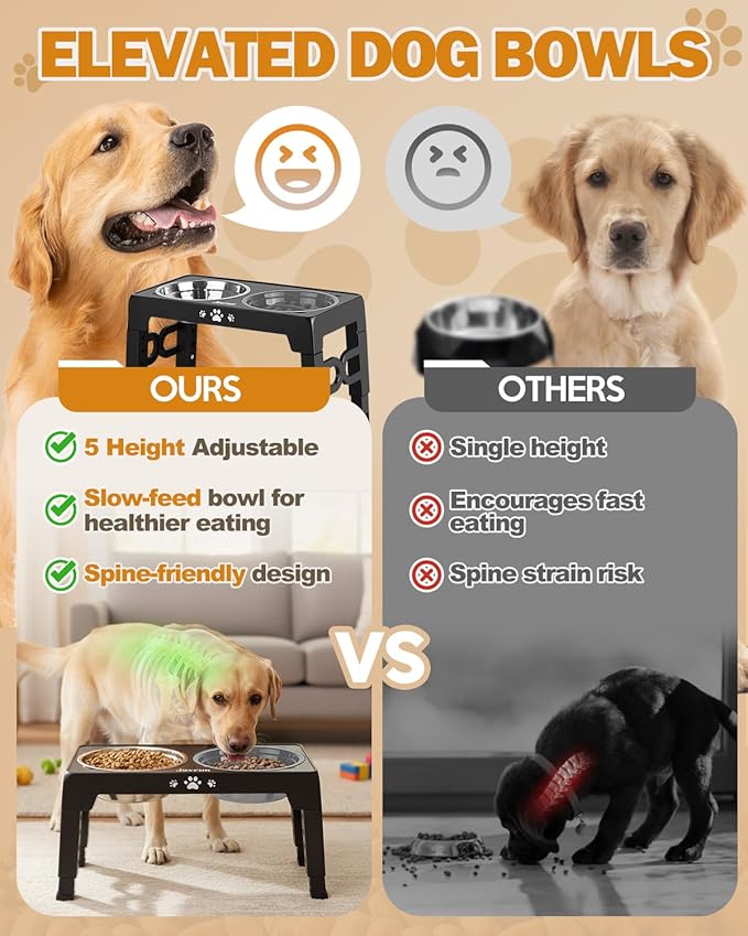 Jovrun Elevated Dog Bowls for Small Medium Large Size Dogs, Non-Slip Dog Feeder with 2 Food Water Bowls, 2-5 Heights Adjustable Raised Bowls Stand