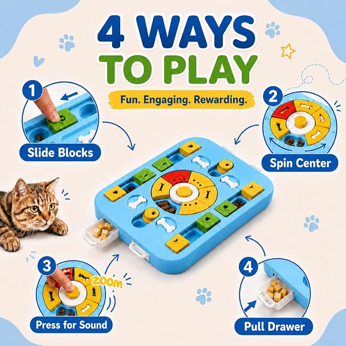 Interactive Dog Puzzle Toy, Maze Slow Feeder, 15.4 in | Dog Treat Puzzle, ABS and PP plastic, non-slip rubber feet, top-rack dishwasher care, light blue, Cat Treat Puzzle
