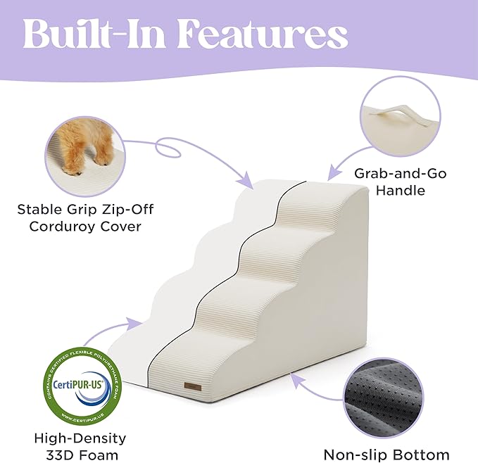 LE SURE Dog Stairs for Small Dogs Pet Steps Ramp for High Bed and Couch with CertiPUR-US Certified Foam with Non-Slip Bottom, Beige, 4 Steps