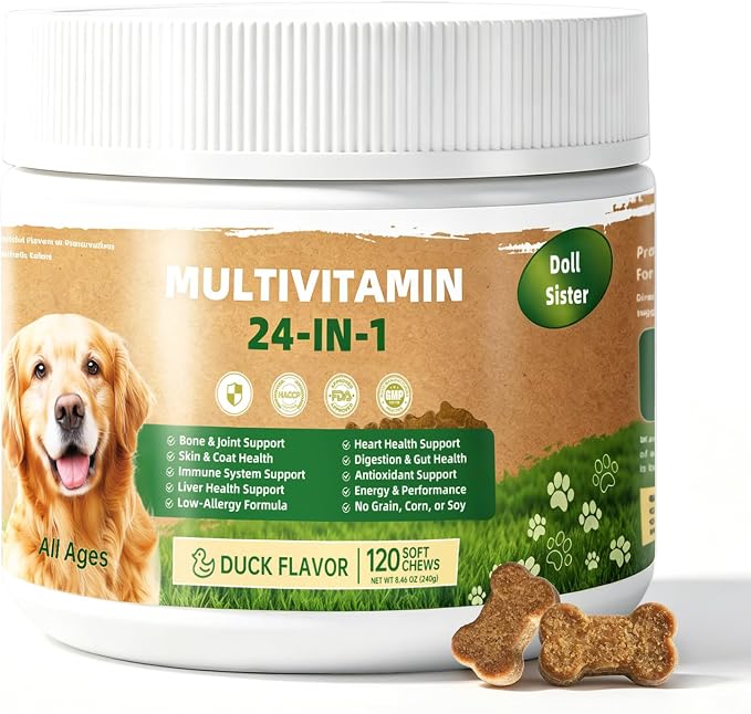 24-in-1 Dog Multivitamin Chews - Bone Shape, Duck Flavor - with Biotin, Taurine & Prebiotic FOS for Skin, Coat, Heart, Gut & Joint Support - for Puppies, Adults & Senior Dogs (120 Soft Chews)