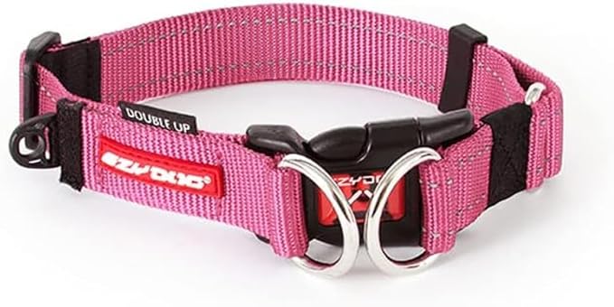 EzyDog Double Up Dog Collar, Strong Double D-Rings - X-Large, Pink | Dual D-Rings for Superior Strength, Safety, and Comfort, Soft Touch Nylon Webbing, Reflective Stitching, Id Attachement Point