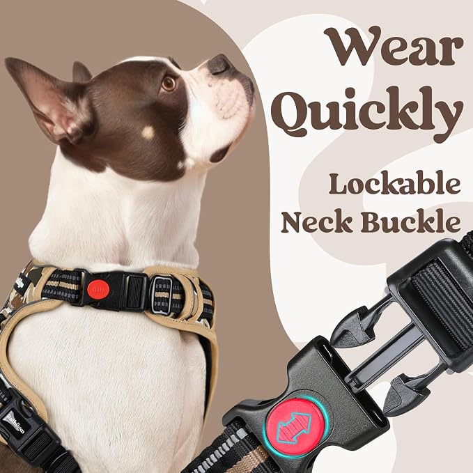 rabbitgoo Dog Harness Medium Sized, Updated Easy On & Off with 3 Buckles | No Pull No Choke, Walking with 2 Clips and Handle, Adjustable Soft Reflective, Desert Ridge, Medium