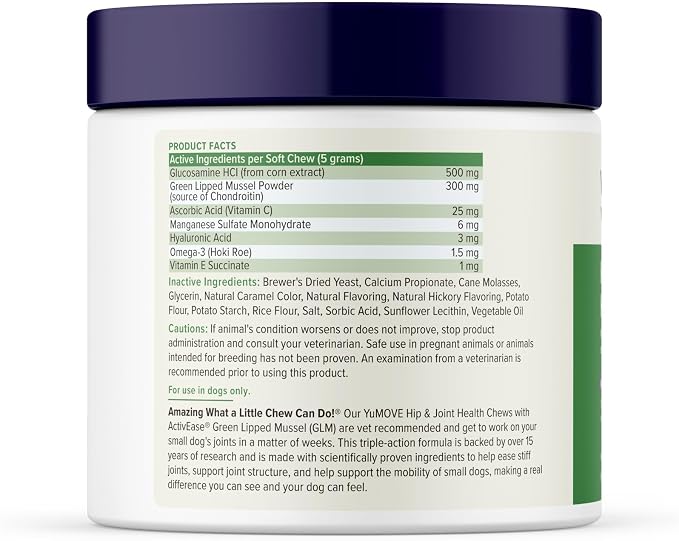 YuMOVE Small Dog Hip & Joint Supplement Soft Chews, Green Lipped Mussel