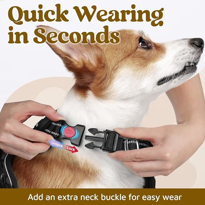 rabbitgoo Dog Harness Medium Sized, No Pull 3 Buckles Easy On & Off | Soft Padded, Walking with Control Handle, Adjustable and Reflective, Black, Medium