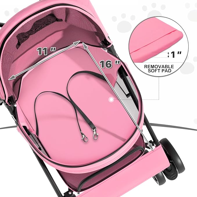 MoNiBloom 4-Wheel Foldable Pet Stroller - Pink, up to 22lbs