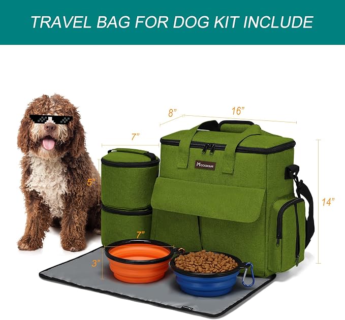 Modoker Dog Travel Bag Weekend Set with Food Containers & Bowls, Green