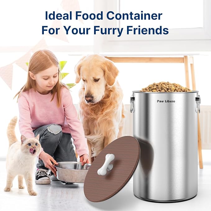 2 Pack 35 lb Stainless Steel Dog Food Storage Container Set with Wooden Lid, 2-Pack, 35 lb, Stainless Steel
