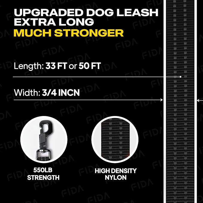 Fida Obedience Recall Training Agility Lead, 30FT Long Dog Leash, Black | 33FT & 50FT, Traffic Handle, Soft Padded, Reflective for Night Safety, Durable Nylon Dog leash for Small Medium Large Breeds
